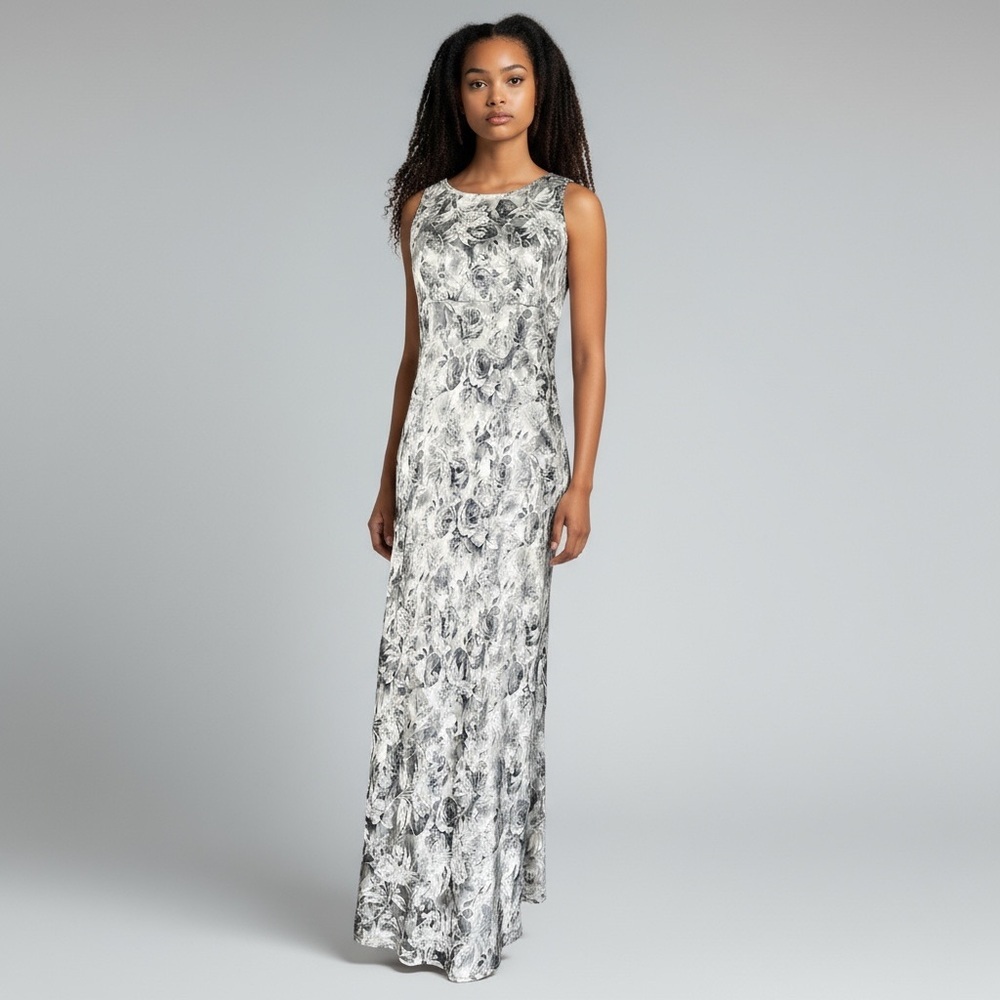 Vintage 90’s All that Jazz Silver Jacquard Floral Satin Maxi Dress